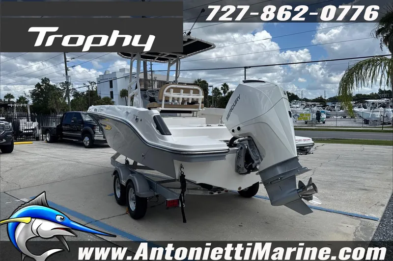 Slide: The Image of 2026 Trophy T22CC Center Console boat on trailer at Antonietti Marine dealership. - 5