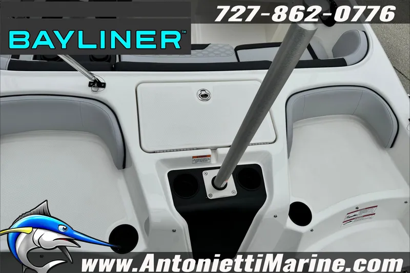 Slide: The Image of Bayliner Element E17 boat interior, 2026 model, featuring seating and storage compartments. - 12