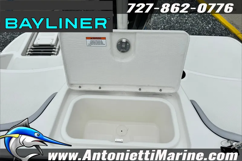 Slide: The Image of 2026 Bayliner Element E17 boat storage compartment, featuring Antonietti Marine branding and contact information. - 15