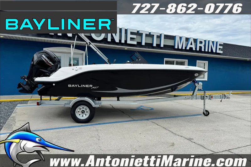 The Image of 2026 Bayliner Element E17 boat on trailer at Antonietti Marine dealership. - 2