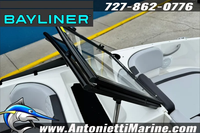 Slide: The Image of 2026 Bayliner Element E17 boat interior with windshield, showcased by Antonietti Marine. - 22