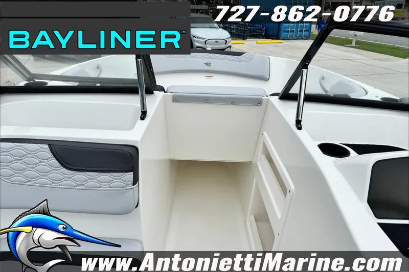 Slide: The Image of 2026 Bayliner Element E17 boat interior with seating and storage, displayed by Antonietti Marine. - 23