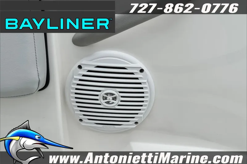 Slide: The Image of 2026 Bayliner Element E17 boat speaker detail with branding and contact information. - 25