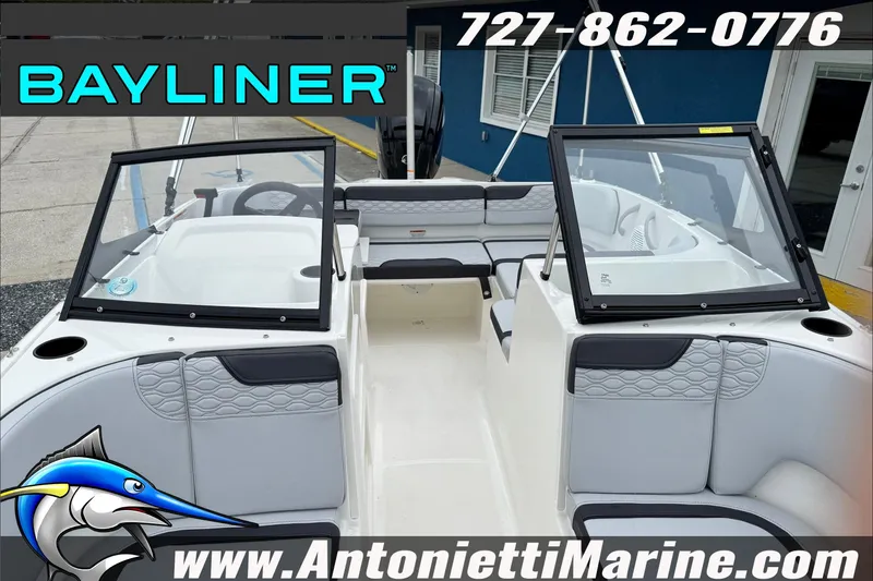 Slide: The Image of 2026 Bayliner Element E17 boat interior with seating and windshield, displayed at Antonietti Marine. - 28