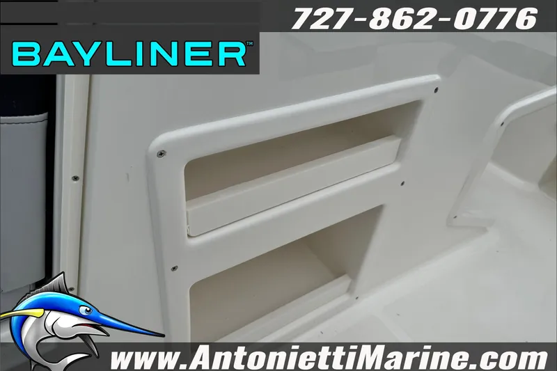 Slide: The Image of 2026 Bayliner Element E17 boat interior detail with storage compartments. - 29
