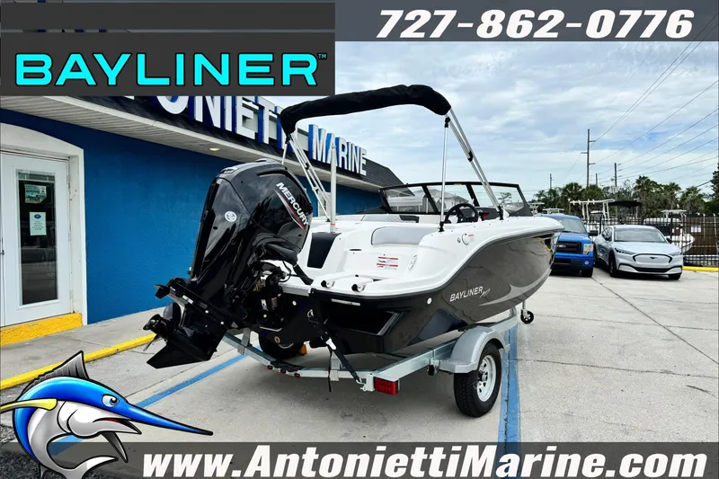 Slide: The Image of 2026 Bayliner Element E17 boat on trailer at Antonietti Marine dealership. - 4