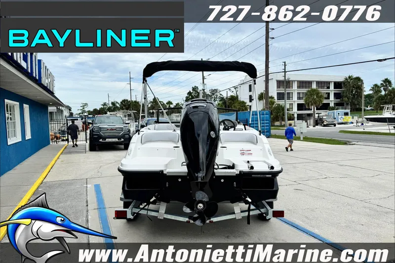 Slide: The Image of 2026 Bayliner Element E17 boat on trailer at Antonietti Marine dealership. - 5