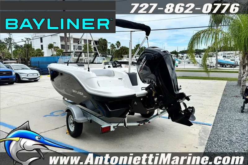 Slide: The Image of Bayliner Element E17 boat, 2026 model, displayed at Antonietti Marine dealership. - 6