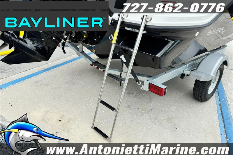Slide: The Image of Bayliner Element E17 boat on trailer with ladder, 2026 model, contact Antonietti Marine. - 8