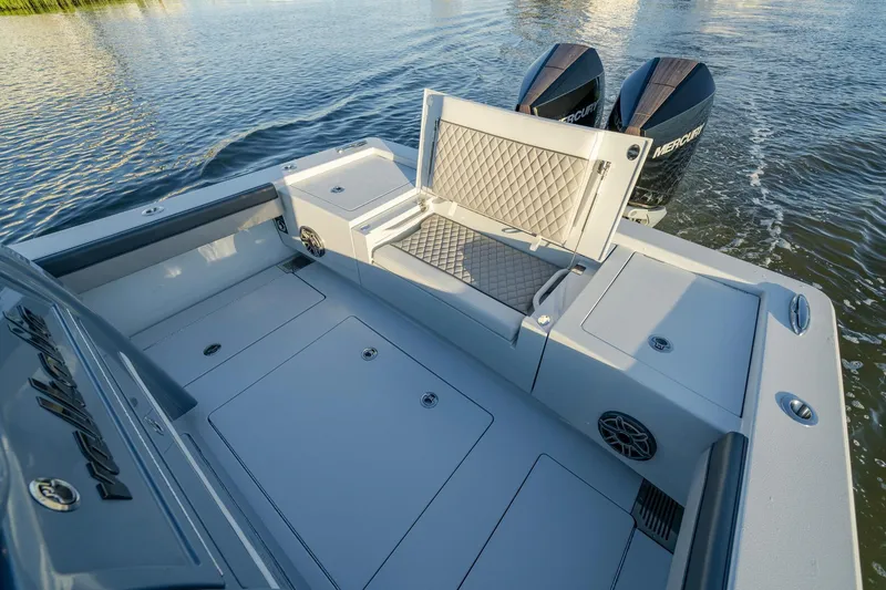 Slide: The Image of 2024 Valhalla Boatworks V-29 Hybrid with dual Mercury engines on calm water. - 31