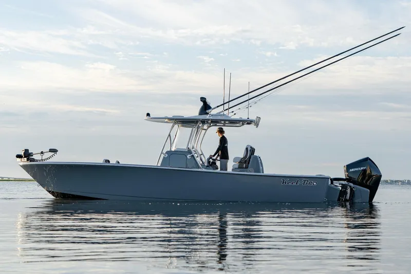 Slide: The Image of 2024 Valhalla Boatworks V-29 Hybrid on calm water, side view, with fishing rods. - 6