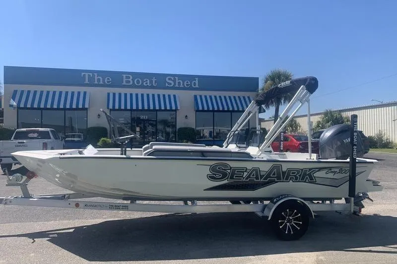 The Image of 2026 SeaArk Easy 200 boat on trailer outside The Boat Shed dealership. - 1