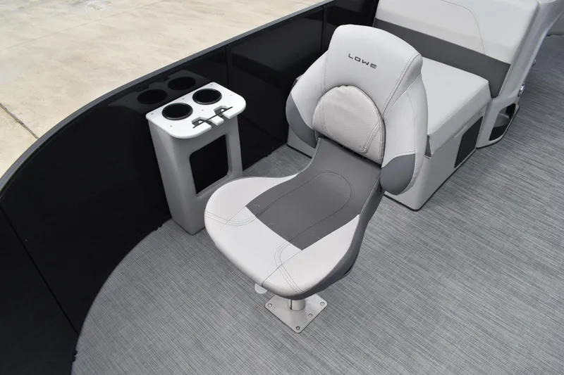 Slide: The Image of Gray seating area on 2026 Lowe LF 214 boat with cup holders. - 10