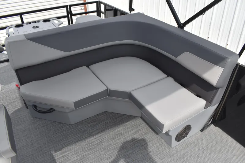Slide: The Image of Luxurious seating on 2026 Lowe LF 214 boat, featuring sleek gray upholstery and modern design. - 18