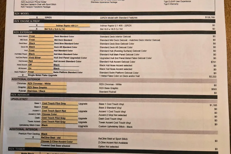 Slide: The Image of 2021 Tigé 22RZX boat specifications and pricing sheet with detailed features and upgrades. - 8