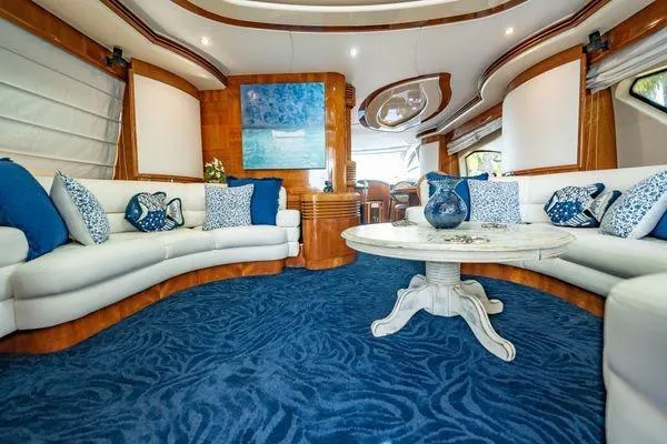 Slide: The Image of Luxurious interior of 2003 Azimut 80 Carat yacht with elegant blue and white decor. - 49