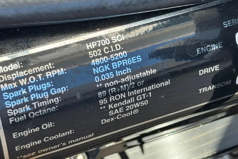 Slide: The Image of Engine specifications label for 2015 Donzi 38 ZR, featuring HP700 SCI, 502 C.I.D. - 14