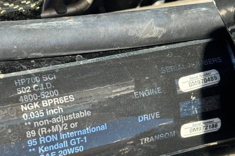Slide: The Image of Engine specifications and serial numbers on a 2015 Donzi 38 ZR boat. - 15