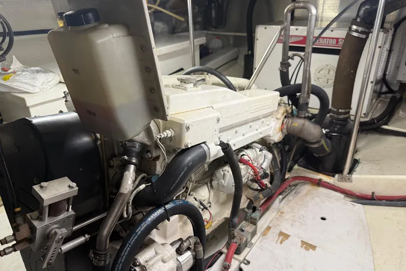 Slide: The Image of Engine room of 1998 Kadey-Krogen 48' Northsea Widebody Pilothouse, showcasing mechanical components. - 30