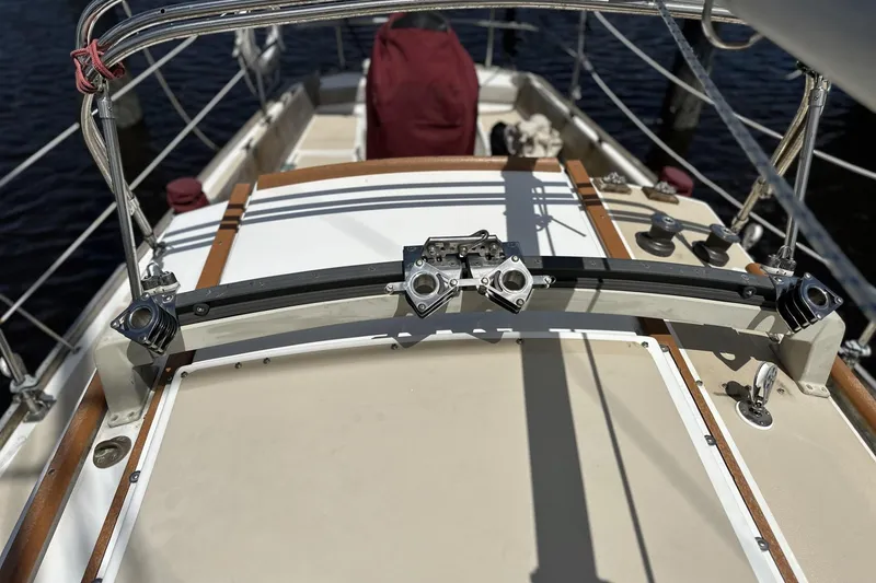 Slide: The Image of 1982 Cape Dory 30 sailboat deck with rigging and hardware details. - 29