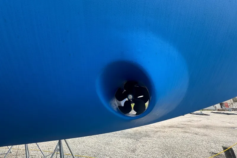 Slide: The Image of Blue hull of 2012 Hylas 49CC sailboat with visible propeller. - 189