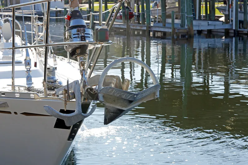 Slide: The Image of Sailboat Hylas 49CC 2012 with anchor at marina dockside. - 21