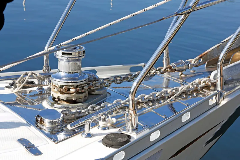 Slide: The Image of Close-up of a 2012 Hylas 49CC yacht's anchor chain and winch system. - 23