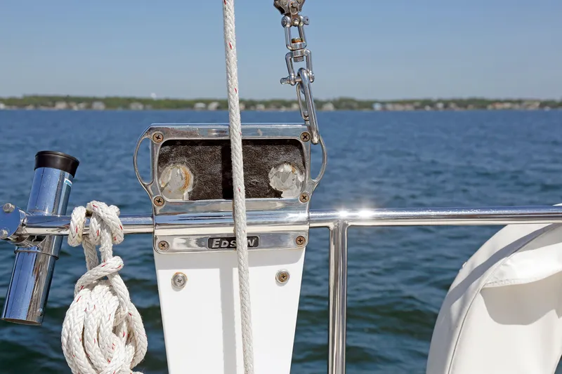 Slide: The Image of Sailboat deck view with ropes and equipment, Hylas 49CC, 2012 model, on open water. - 50