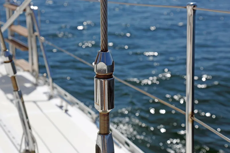 Slide: The Image of Close-up of a Hylas 49CC yacht's rigging against a sparkling ocean backdrop, 2012 model. - 62