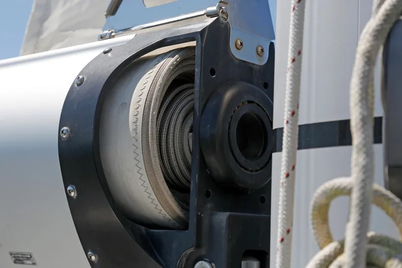 Slide: The Image of Close-up of a Hylas 49CC sail furling mechanism, 2012 model, with ropes and hardware. - 80