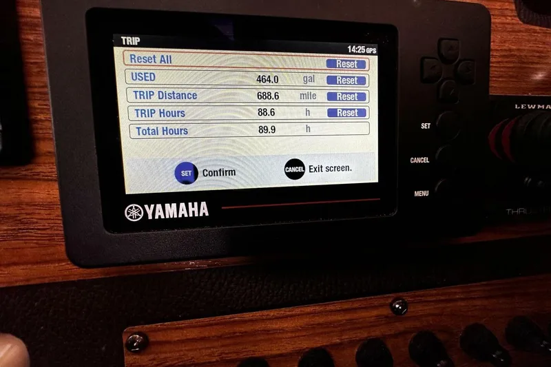 Slide: The Image of Yamaha trip display on 2019 Ranger Tugs R-23, showing fuel usage and trip details. - 18