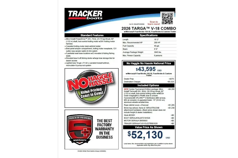 Slide: The Image of 2026 Tracker Targa V-18 Combo boat specifications and pricing details. - 72