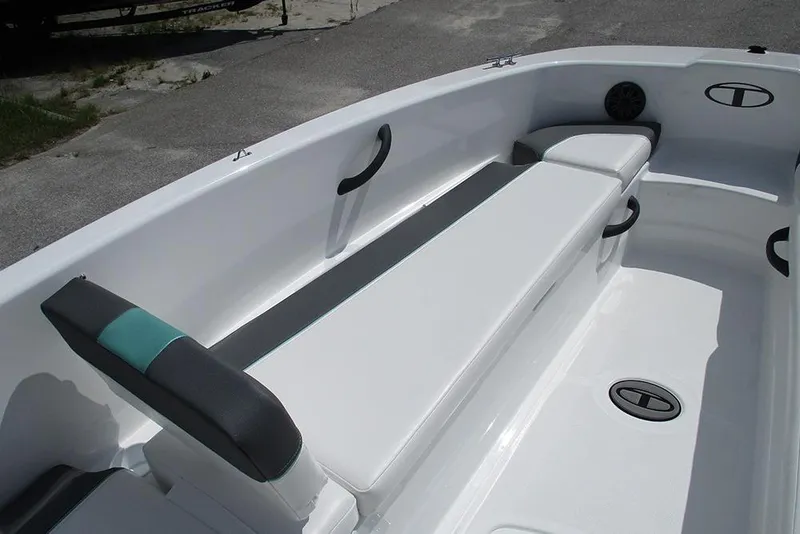 Slide: The Image of 2026 Tahoe T18 boat interior with white seating and black accents. - 11