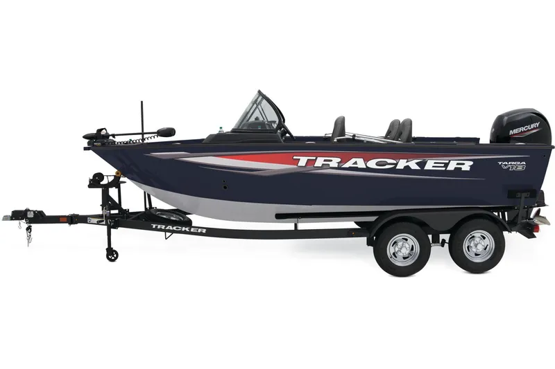 Slide: The Image of 2026 Tracker Targa V-18 Combo boat interior with gray seating and motor. - 3