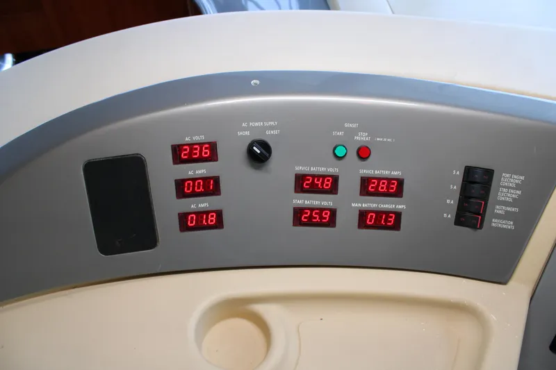 Slide: The Image of Control panel of a 2006 Azimut 50 yacht displaying various electrical readings. - 33