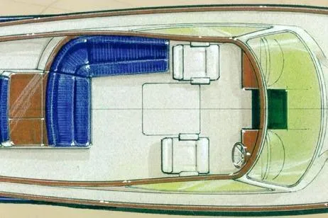 Slide: The Image of Top view of 2003 Hinckley T29R boat interior layout with seating arrangement. - 18