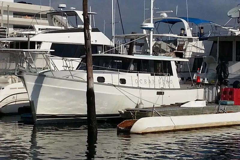 The Image of 1979 Mainship 34 Custom Sedan docked at a marina, surrounded by other boats. - 0