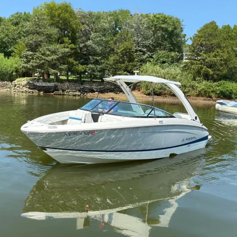 The Image of 2020 Regal LS4 boat on calm water with lush green background. - 0
