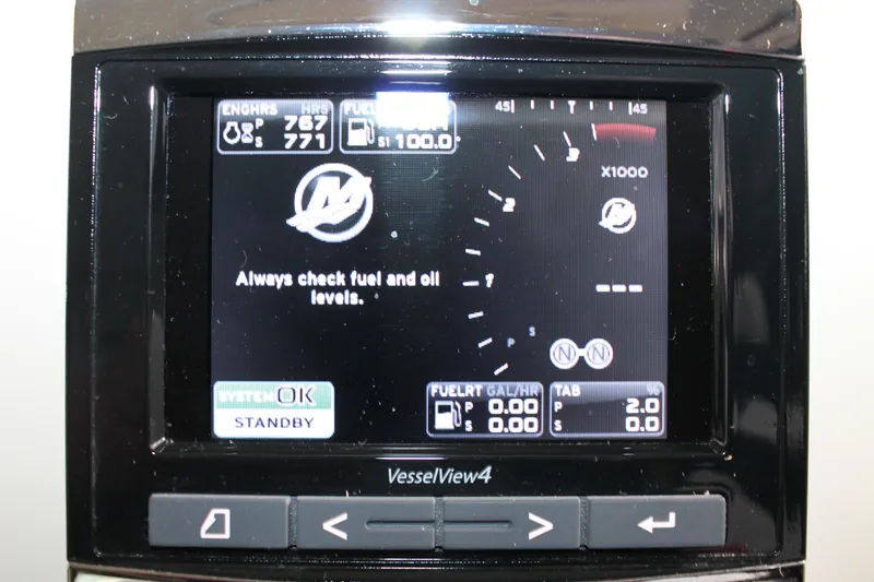 Slide: The Image of Display screen of a 2015 Sea Ray 470 Sundancer showing engine and fuel information. - 121