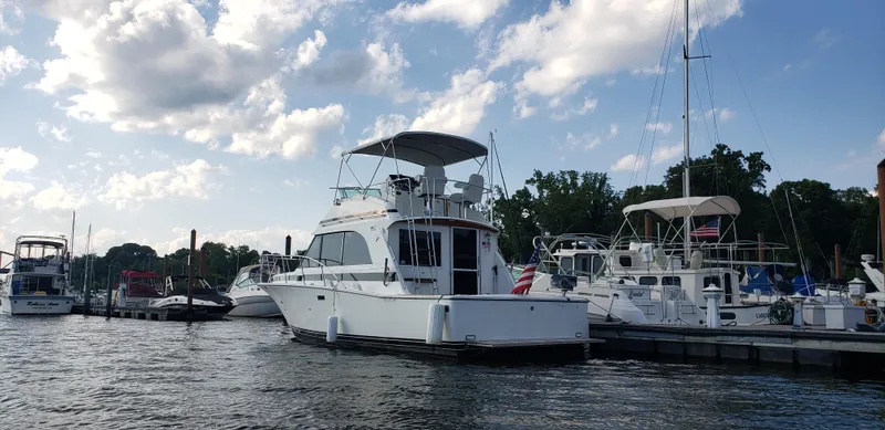 Slide: The Image of 1988 Bertram 33II Flybridge Cruiser docked at a marina on a sunny day. - 4