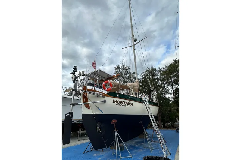 The Image of 1979 Westsail 32 Shipmaster sailboat on land, Fort Pierce, FL. - 0