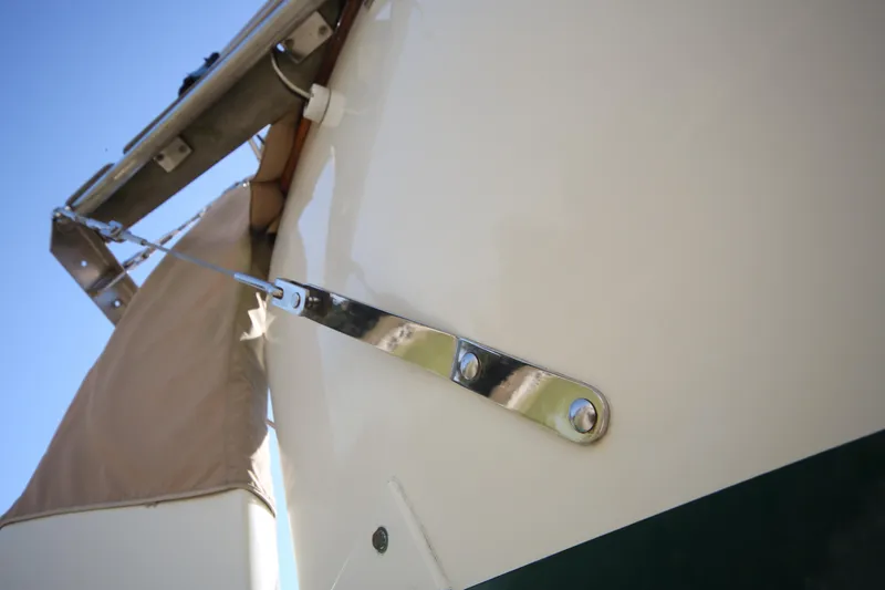 Slide: The Image of Close-up of 1979 Westsail 32 Shipmaster boat detail with metal fittings. - 12