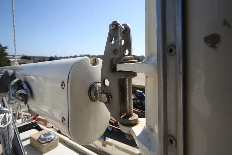 Slide: The Image of Close-up of 1979 Westsail 32 Shipmaster sailboat rigging and hardware. - 16