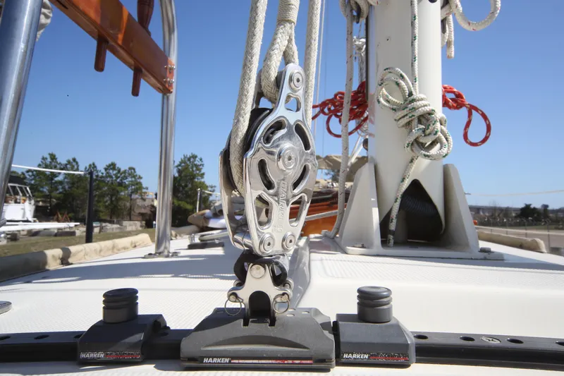 Slide: The Image of Close-up of 1979 Westsail 32 Shipmaster deck with rigging and pulley system. - 21