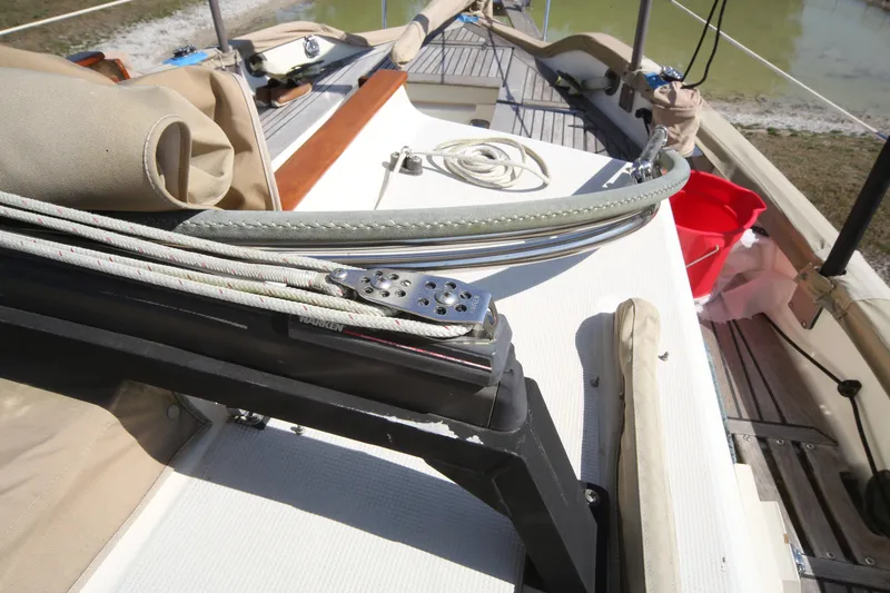 Slide: The Image of Deck of 1979 Westsail 32 Shipmaster with rigging and ropes. - 23