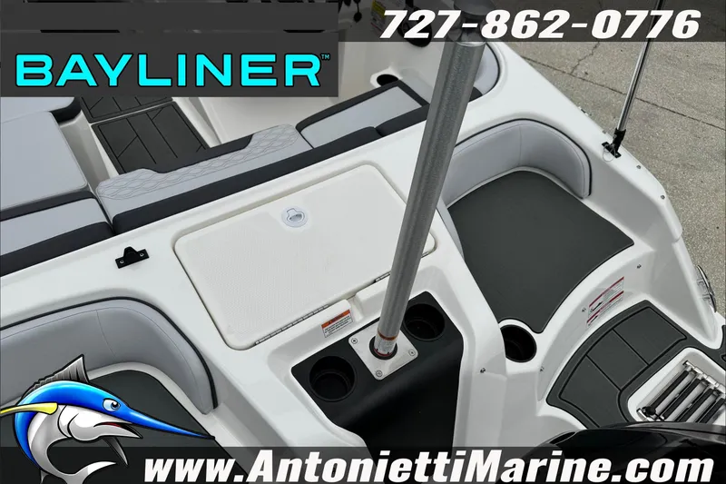 Slide: The Image of 2026 Bayliner Element E17 boat interior with seating and storage, Antonietti Marine branding. - 12