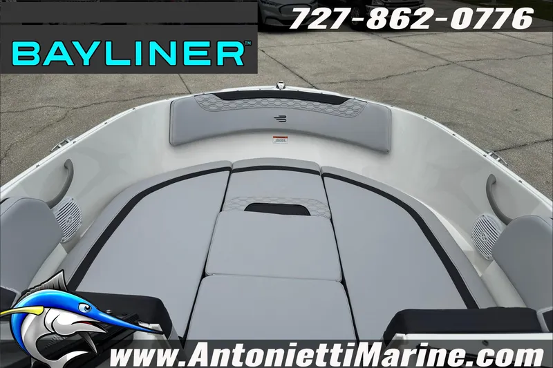 Slide: The Image of 2026 Bayliner Element E17 boat interior with gray seating, displayed by Antonietti Marine. - 13