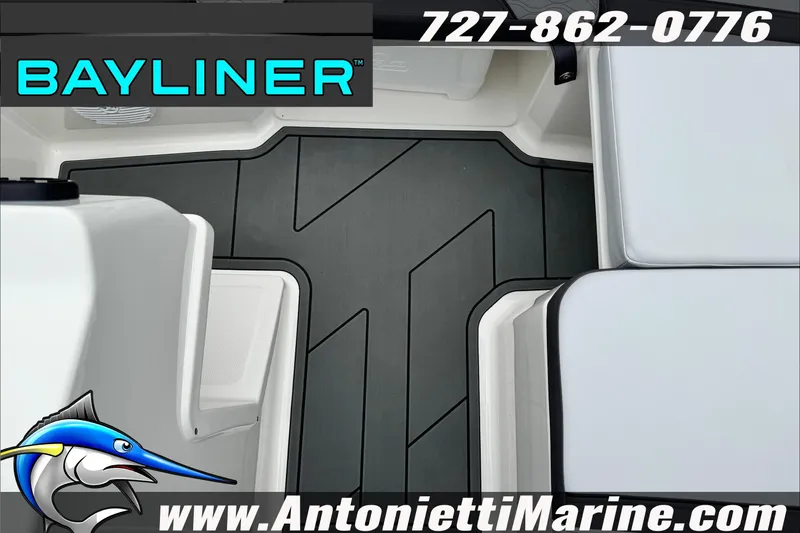 Slide: The Image of 2026 Bayliner Element E17 boat interior with seating and flooring, Antonietti Marine branding. - 19