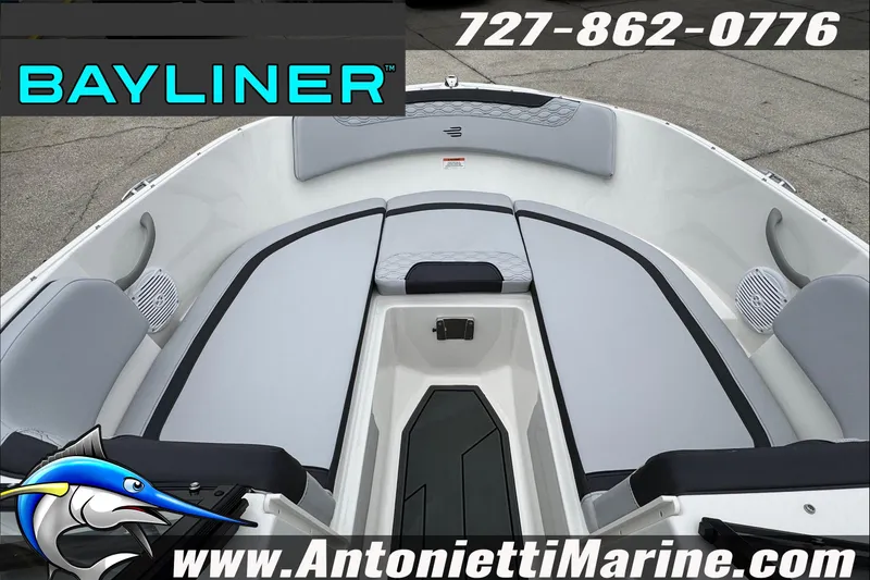 Slide: The Image of 2026 Bayliner Element E17 boat interior with gray seating, displayed by Antonietti Marine. - 24
