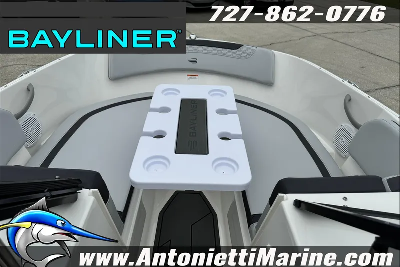 Slide: The Image of 2026 Bayliner Element E17 boat interior with seating and table, displayed by Antonietti Marine. - 25